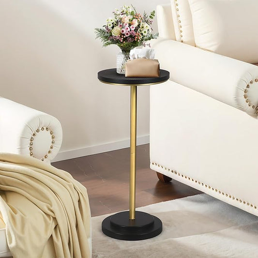 COVLON Drink Table Set of 2, Small Round Pedestal Side Table with Carved Top for Living Room, Bedroom, Small Space, Corners and Office, Gold and Black