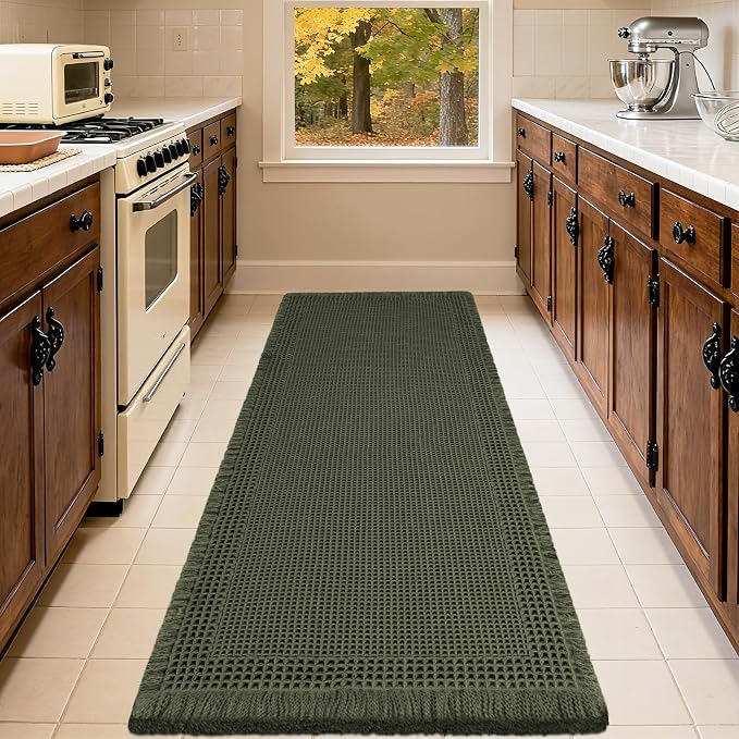 Extra Large Waffle Bath Mat, Boho Woven Modern Bath Rug Absorbent Non Slip, Ultra Soft Bathroom Mats, Machine Washable Knit Bath Rugs with Tassels for Bathroom, Bedroom, Kitchen, 5'x2', Dark Green