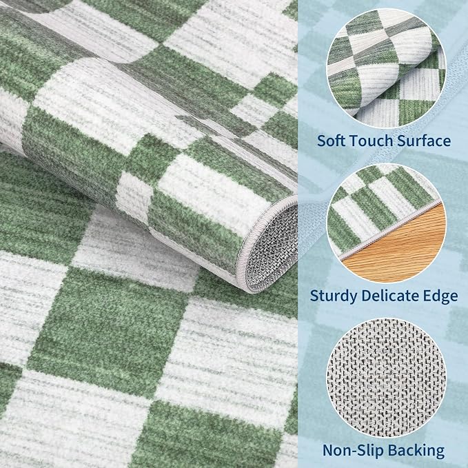 GarveeHome Sage Green Checkered Rug 4×6 Area Rugs for Living Room，Non-Slip Washable Rug Soft Low-Pile, Neutral Modern Farmhouse Geometric Rugs for Bedroom Dining Room Office