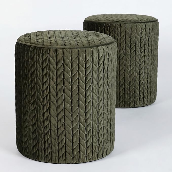 Modern Round Vanity Stools 2PCS, Small Wheat Pattern Ottomans, Cute Velvet Foot Stools, Tufted Fabric Footrest, Upholstered Vanity Chairs, Stools for Makeup, Bedroom(2, Wheat Pattern-Dark Green)