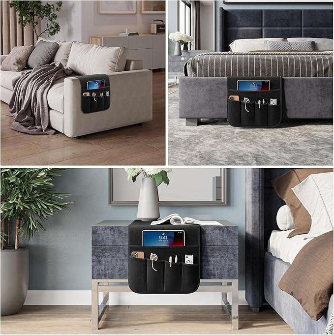 Armrest Organizer Non Slip Remote Control Holder Arm Chair Couch Caddy For Recliner Sofa Bedside With 5 Pocket Storage for Tablet Phone iPad (Black, W13" x L33")