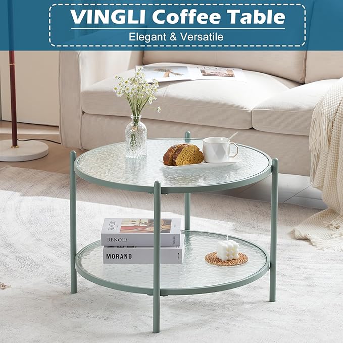 VINGLI 25.6" Small Light Bright Green Round Coffee Table Water-Wave Glass Circle Clear Center Coffee Table with 2-Tier Modern Storage Design for Living Room, Bedroom, Meeting Room, Balcony, Patio