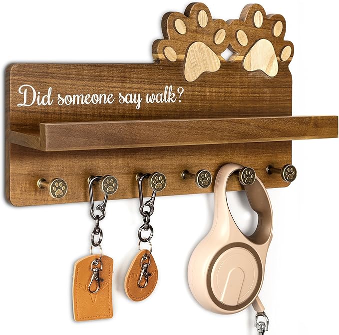 MTERSN Farmhouse Dog Leash Holder for Wall - Decorative Key Hooks Wall Mount with Paw Shape and 6 Unique 3D Hooks - Dog Lover for Home Decor (Acacia Wood)