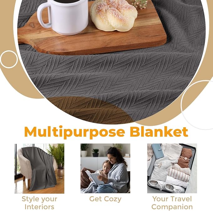 Superior Metro 100% Cotton Blanket, Perfect for Bedroom, Living Room, Couch, Picnics, Travel, Beach, or Camping, Comfy Blanket, Bedroom Decor, Essentials, Zig-Zag Cover for Bed, Full/Queen, Charcoal
