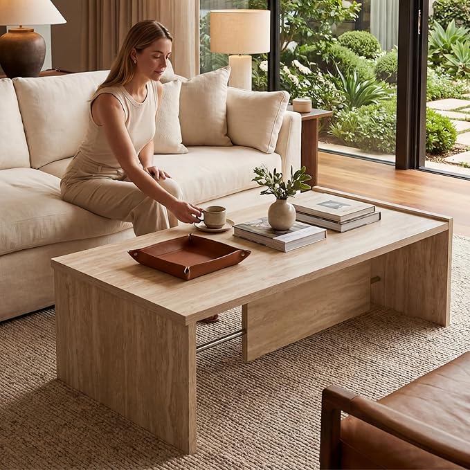 Hyfirm Faux Travertine Coffee Table for Living Room: Rectangular Minimalist Coffee Table with Sturdy Frame Contemporary Accent Tables for Office Apartment Family Room Center Table (Natural Beige)