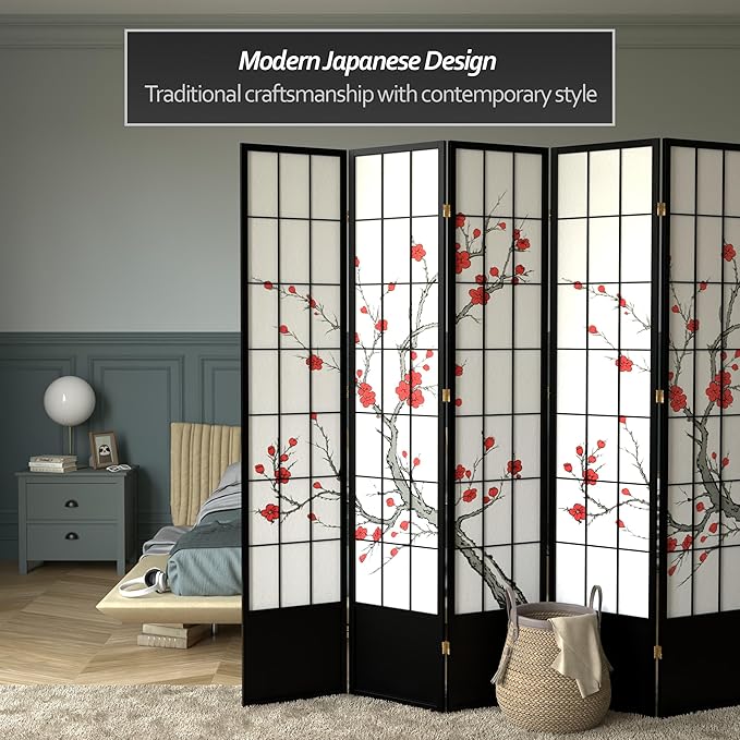 Red Lantern 7 ft. Tall Cherry Blossom Shoji Screen - Black - 5 Panels