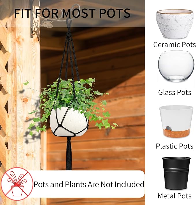 Macrame Plant Hanger - Fits 4-13 Inch Pots, 34"/41"/46" 3 Sizes Set, Hanging Planter Holder for Indoor Outdoor, Cotton Rope with Tassels Boho Home Decor, Black