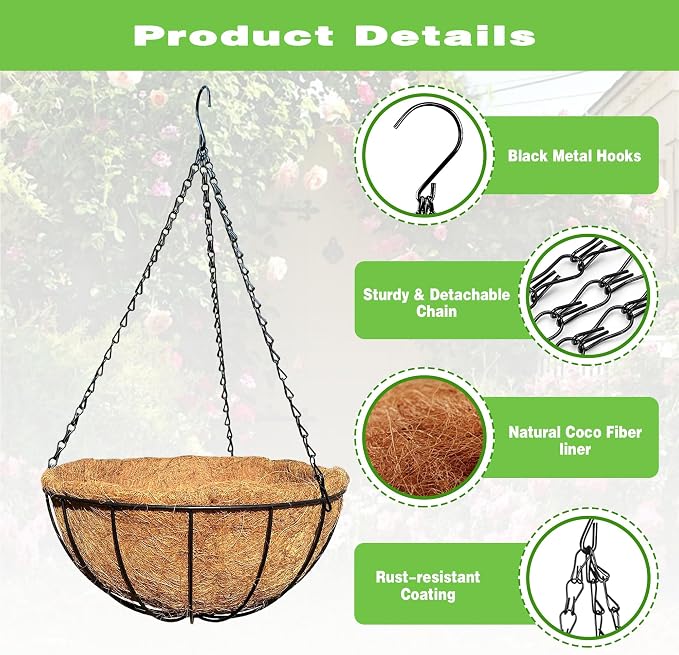 4 Pack 12 Inch Black Metal Hanging Basket Hanging Planter with Coco Coir Liner Heavy Duty Hanging Flower Pot Holder for Indoor Outdoor Patio Garden Porch Balcony Decor (Watermelon)