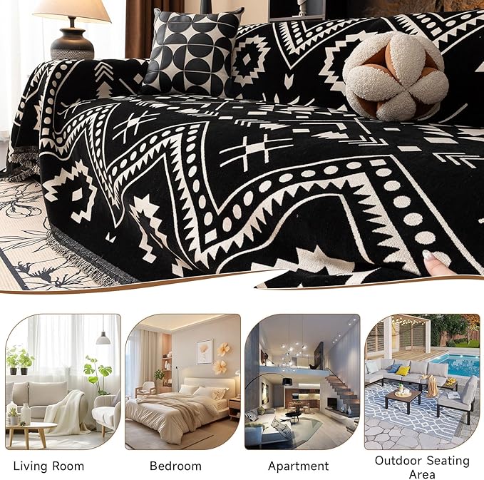 VClife Bohemian Southwestern Pattern Sofa Cover Non Slip Washable Couch Cover - White Black Aztec Geometric Chenille Couch Cover for 3 Cushion Couch Sofa Vintage Slip Cover 71" X 134"