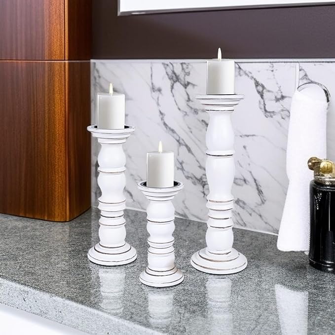 Wooden Candle Holder Set of 3 - Handcrafted Pillar Candle Stand (15", 12", 9") - Rustic Mango Wood Decorative Candle Holders for Home, Living Room, and Dining Table - White Antique