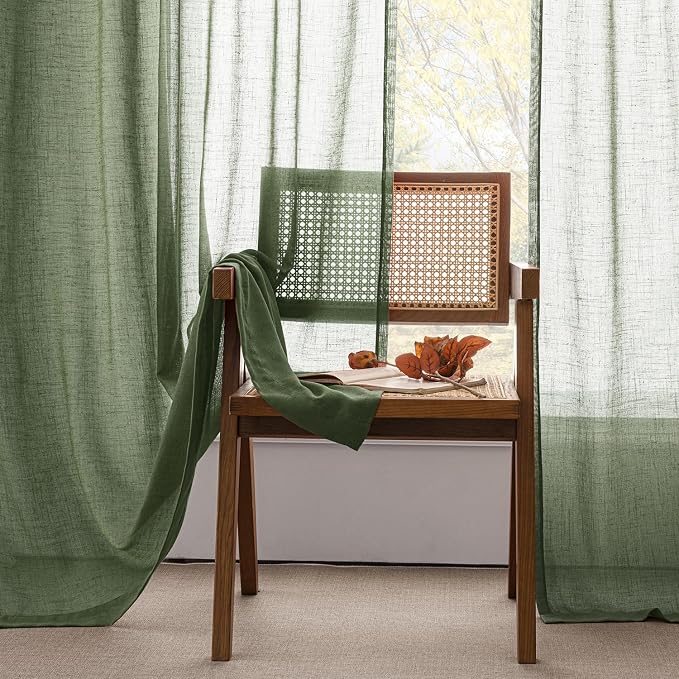 ANRODUO Olive Green Linen Curtains 102 Inches Long 2 Panels Light Filtering Sheer Back Tab Rod Pocket Drapes Cotton Linen Textured Window Curtain 102 Inch Length for Bedroom Patio Sliding Glass Door