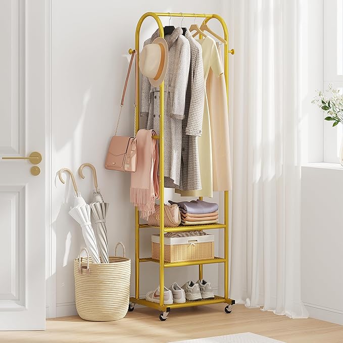 Dttwacoyh Hall Tree with Hanging Hooks,Gold Metal Decorative Freestanding Garment Rack on Wheels,3-in-1 Narrow Entryway Storage for Small Space,Suitable for Hallway,Bedroom and Bathroom,Gold