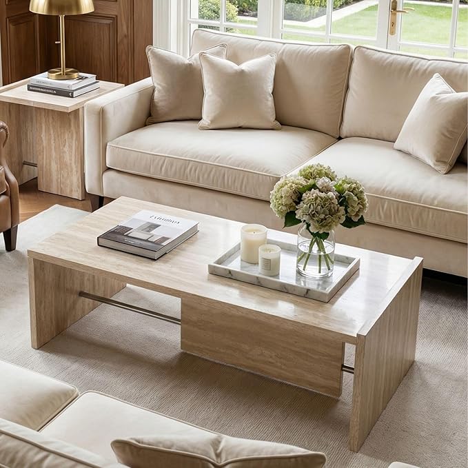Hyfirm Faux Travertine Coffee Table for Living Room: Rectangular Minimalist Coffee Table with Sturdy Frame Contemporary Accent Tables for Office Apartment Family Room Center Table (Natural Beige)