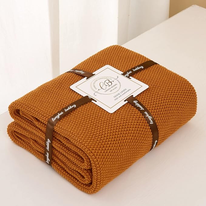 Longhui bedding Burnt Orange Cotton Cable Knit Throw Blanket for Couch Sofa Chair Bed Home Decorative, 3.4 Pounds 60 x 80 Inch Woven Throw Blankets with Bonus Laundering Bag