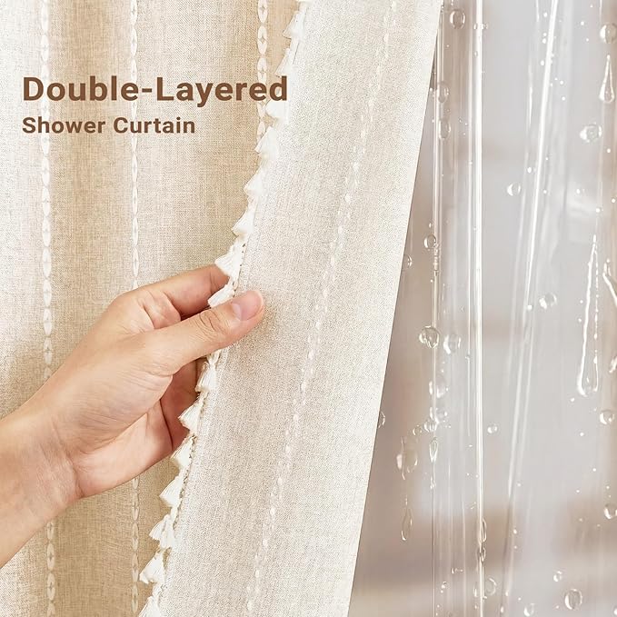 BTTN 3 in 1 Shower Curtain with Liner, 80 Inch Long Boho Linen Striped Cloth Shower Curtain Set with Hook, Large Modern Farmhouse Bohemian Waterproof Shower Curtain for Bathroom, Cream/Beige, 72x80