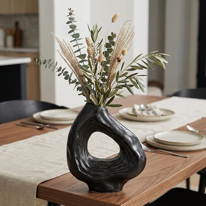 Sunddo 9 Inch Black Ceramic Vase for Modern Home Decor - Donut Decorative Vase for Flowers, Minimalist Boho Style Vase for Living Room, Table Centerpiece