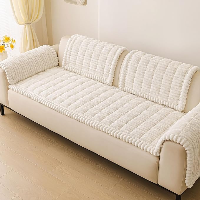 hyha Couch Cover for Dogs Washable, Non Slip Thick Flannel Sofa Protector, Pet Friendly Plush Furniture Cover for Sectional Sofa & Loveseat (White, 27.6" x 82.7")