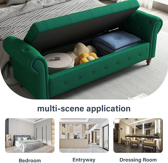 ODUWA 63 Inch Upholstered Tufted End of Bed Storage Bench with Arms,Larger Storage Space, End of Bed Bench for Bedroom Living Room Entryway (Green-Velet)