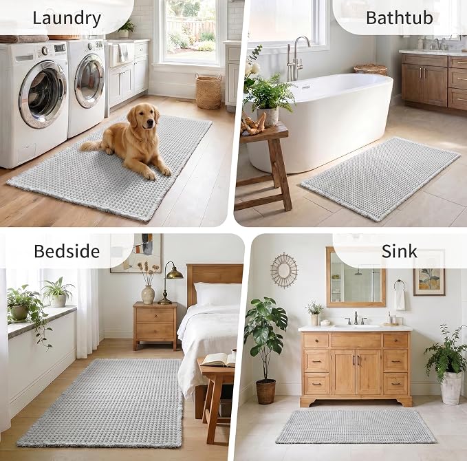 ILANGO Upgraded Waffle Bath Mat,Super Absorbent Boho Non Slip Bathroom Rugs Quick Dry,Ultra Soft Machine Washable Mats with Tassels for Floor,20x32,Light Grey