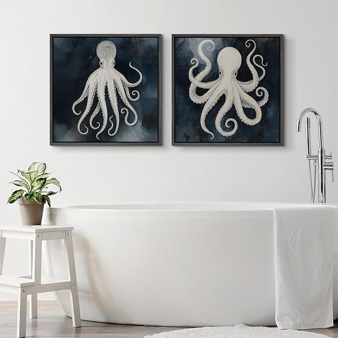SIGNFORD Framed Canvas Print Wall Art Set Nautical Octopus Illustration Dark Blue Ocean Coastal Modern Art Relax/Calm for Living Room, Bedroom, Office - 24"x24"x2 BLACK