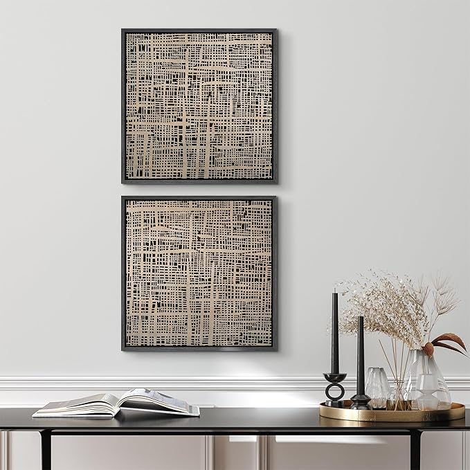 SIGNFORD Framed Canvas Print Wall Art Set Abstract Grid Pattern Artwork, Neutral Geometric Illustrations Modern Art Minimal Relax/Calm for Living Room, Bedroom, Office - 16"x16"x2 BLACK