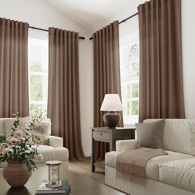 Joywell Caramel Brown Linen Curtains 120 Inches Length Light Filtering Neutral Farmhouse Boho Rod Pocket Back Tab Hook Belt Clip Rings Semi Sheer Window Drapes for Bedroom Living Room 52x120