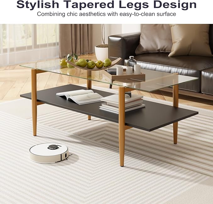Furnify Glass Coffee Table, Rectangle Living Room Center Table with Golden Legs, Mid-Century Modern Accent Tables with Open Shelf for Living Room, Office, Black