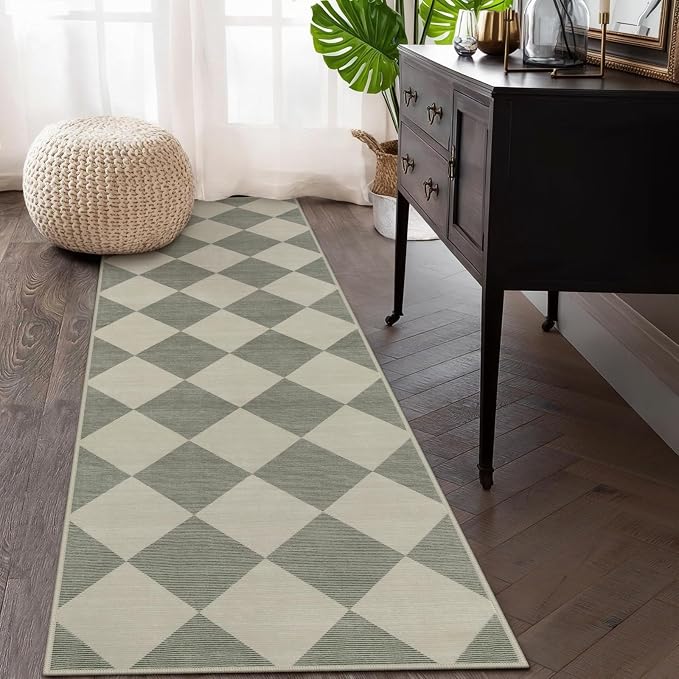 Beeiva Checkered Print Hallway Runner Rug Non Slip, Ultra Thin Washable Kitchen Runner Rug 2x6, Moroccan Neutral Green Soft Floor Carpet for Bedroom Laundry Room, Minimalist Diamond Hallway Decor