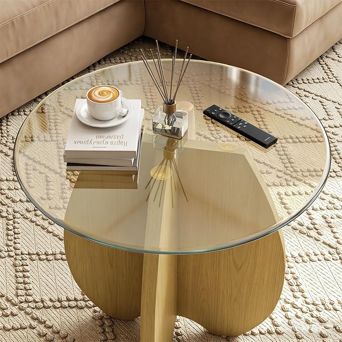 MDF Frame Side Table with Brown Tempered Glass Top, Mortise and Tenon Joint Design, No Screw Easy Assembly, Sturdy End Table for Living Room, Bedroom (Shell-Natural)
