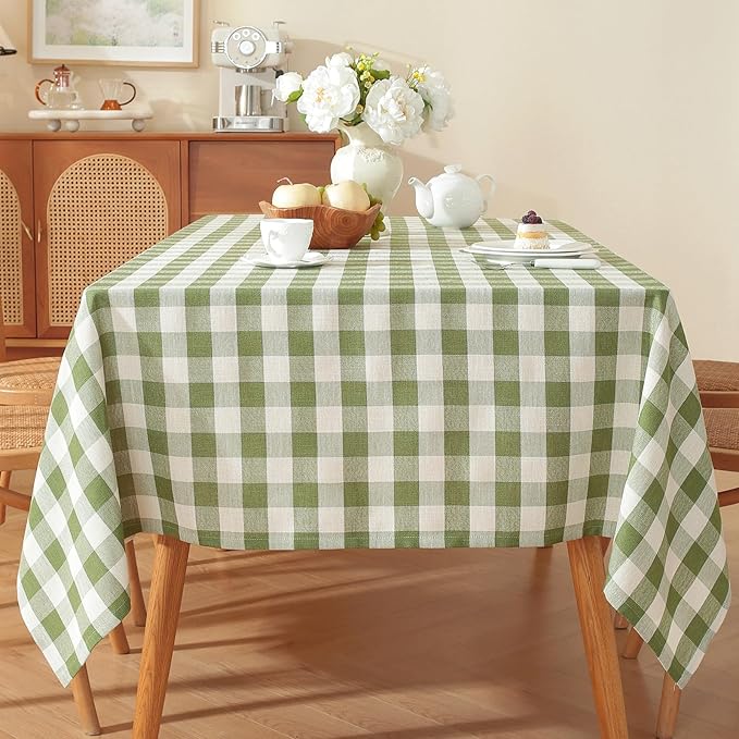 Green Gingham Tablecloth, Sage Checkered Cotton Linen Fabric Table Cloth, Washable Wrinkle Free Buffalo Plaid Table Cover for Farmhouse Picnic BBQ Camping 60"x106" Rectangle