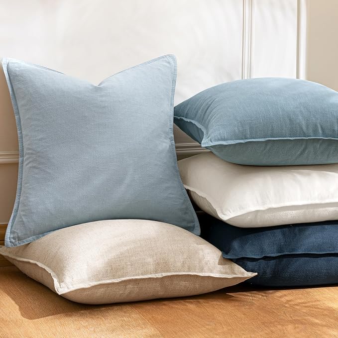 24x24 Inch Set of 2 Decorative Linen Solid Throw Pillow Covers Boho Accent Farmhouse Couch Pillowcases Modern Netural Euro Home Decor for Couch Sofa Living Room Bed,Light Blue