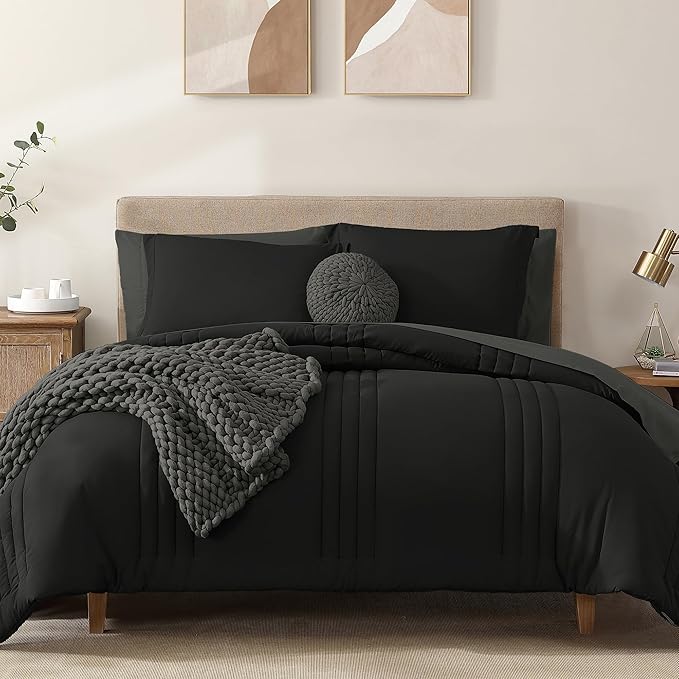 Monbix Oversized King Size Comforter Set - 7 Pieces Black Bed in a Bag Oversized King Bedding Sets with Comforters, All Seasons Comforter Bed Set with Sheets,Pillowcases & Shams