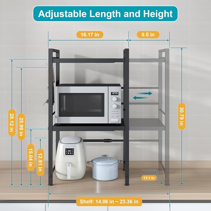 DOLALIKE Microwave Oven Rack, Expandable Microwave Stand Countertop Kitchen Utensils Tableware Storage, Carbon Steel Over Microwave Shelf Countertop with 3 Hooks