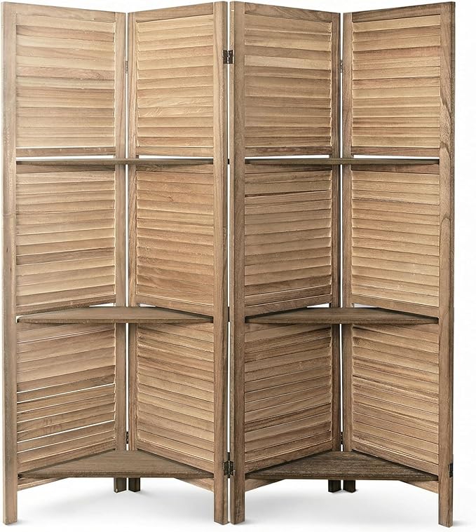 Bluecat 4 Panel Folding Room Divider with Shelves, Portable Lightweight Privacy Screen for Bedroom Home Office, No Assembly Required, Brown