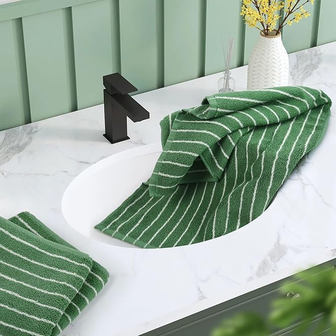 Jacquotha Hand Towels for Bathroom Green Striped - 2-Piece Premium Quick Drying Towels for Kitchen Spa Workout, Stylish Compact for Hand Face Hair, 14” x 29”