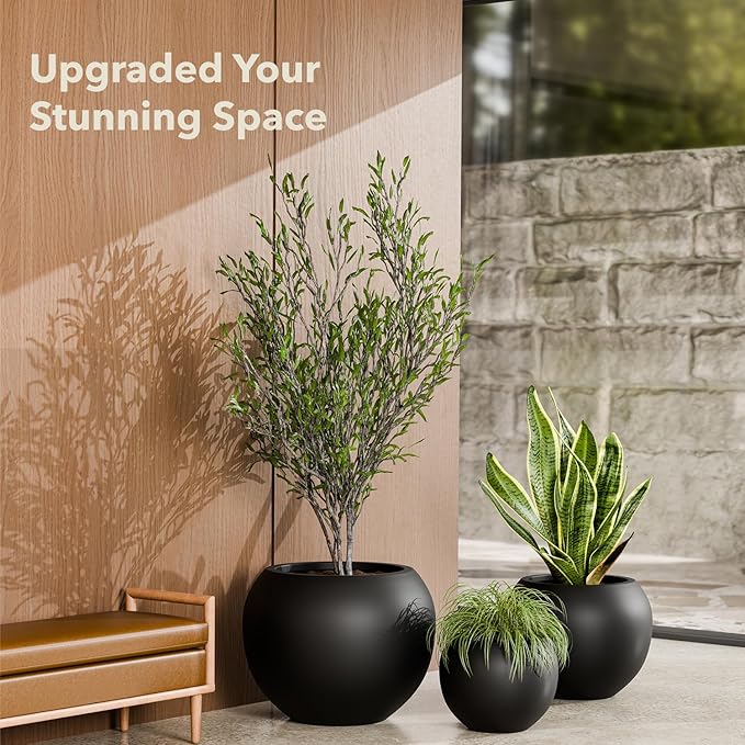 KUTE NEST 12.8"H x 16"D Premium Globo Fiberstone Round Planter with Drainage Hole, Smooth Finishes, Weather Resistant for Indoor and Outdoor Use, Included 2 Extra Coco Mats (Black, 10.7" Pot Opening)