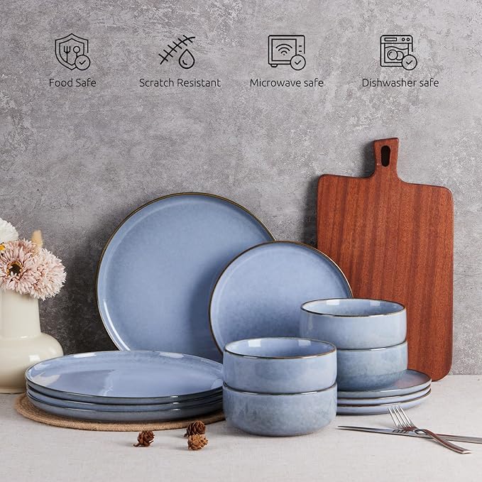 E-far 6-Piece Reactive Glaze Dinnerware Sets, Ceramic Dishes Set for 2, Stoneware Plates and Bowls Dinning Ware, Microwave & Dishwasher Safe - Ocean Blue