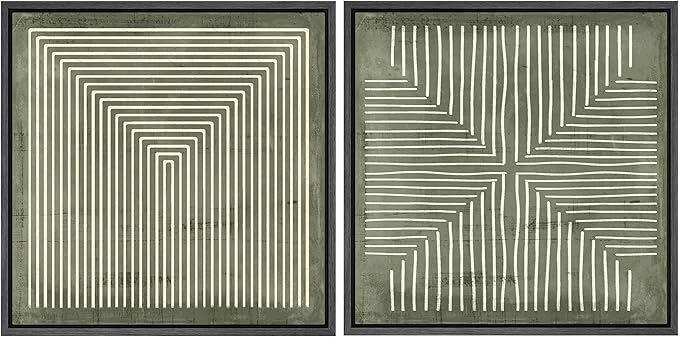 SIGNFORD Framed Canvas Print Wall Art Set Green and White Geometric Maze Illustrations Modern Art Minimal Relax/Calm for Living Room, Bedroom, Office - 24"x24"x2 Black