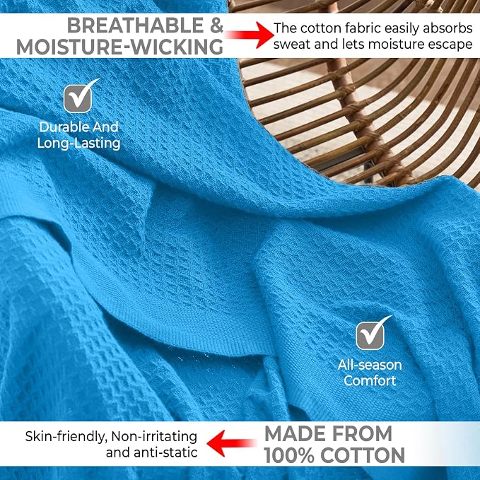 100% Cotton Blankets for Bed - Waffle Weave Blankets for Summer, Lightweight and Breathable Soft Woven Blanket for Spring (Aqua, Twin (60" x 90"))