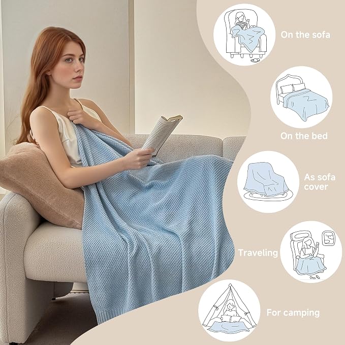 Simple&Opulence 100% Cotton Blanket King Size, Solid Color Cable Knitted Blanket Super Soft Comfortable Breathable Decorative Farmhouse for Couch Sofa Bed, All Season Use(Winter Blue,104x90)