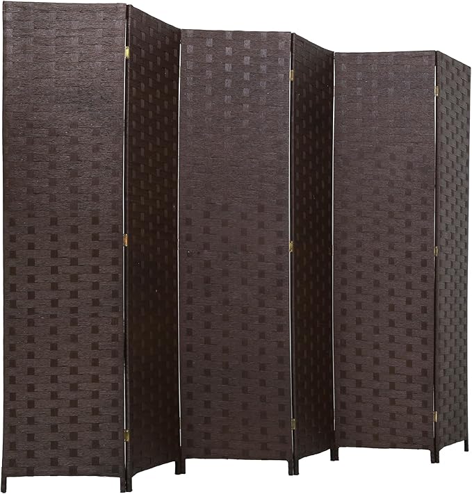 FDW Room Divider Wood Screen 6 Panel Folding Portable Partition Screens Wooden Mesh Woven Design for Home Office (Dark Brown)