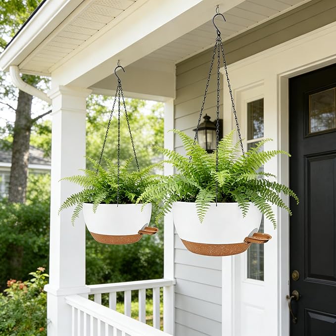 12 Inch Self Watering Hanging Planters 2 Pack, Indoor Outdoor Hanging Pots for Plants with Drainage Holes & Saucers, White Brown Plastic Hanging Baskets for Kitchen Balcony Garden