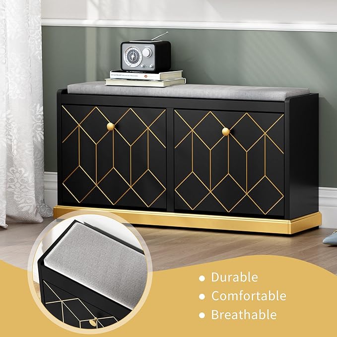 HLR Modern Shoe Bench with Storage, Entryway Bench with 2 Flip Drawer & Padded Cushion Seat, Shoes Storage Bench for Hallway, Closet, Living Room, Black Shoe Storage Cabinet with Bench