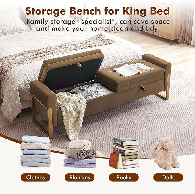 67" End of Bed Bench King Size, Velvet Storage Bench for Bedroom Foot of Bed, Double Lids Storage Bench with Golden Legs, Upholstered Ottoman Bench for Living Room Window Entryway, Brown