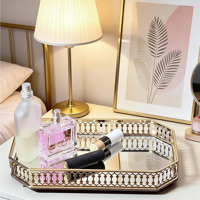 Glass and Gold Rectangular Tray Dinner Plate Perfume and Vanity Tray Decorative Mirrored Vanity Tray with Gold Metal Cutout Design, Glass and Metal Jewelry ，11 inch (11 Inch Rectangular)