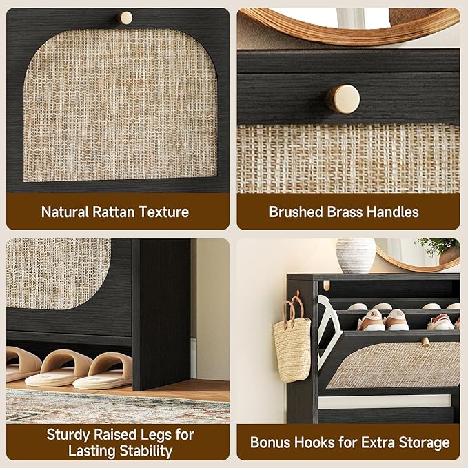 Nicetree Rattan Vintage Flip Shoe Cabinet for Entryway - Black 3-Tier Slim Shoe Storage Cabinet with Metal Handles - Boho Entryway Shoe Organizer for 28-36 Pairs - Fits Size 12 Boots, 9.5" Ultra Slim