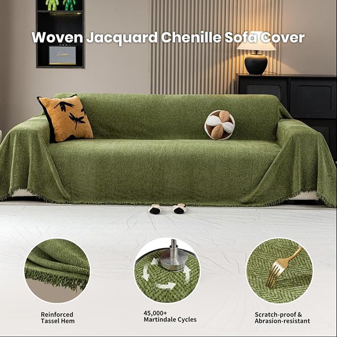 Chenille Couch Cover for Sofa Non Slip Cover Washable Pet Scratch Couch Covers Tassel Sofa Slipcover for 2 Cushion Couch Furniture Protector Blanket for Living Room,Green 71"x102"