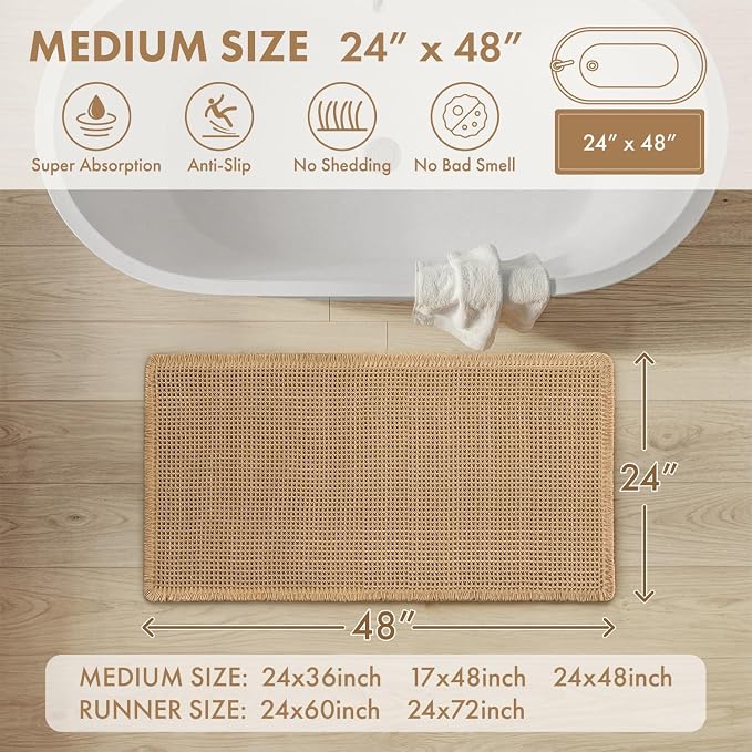 MIULEE Waffle Bathroom Runner Rugs, Super Absorbent Non Slip Bath Rug, Upgraded Soft Quick Dry Washable Boho Long Bath Mat with Tassels for Hallway Laundry Room Bedroom, 2'x4' (24"x48"), Brown