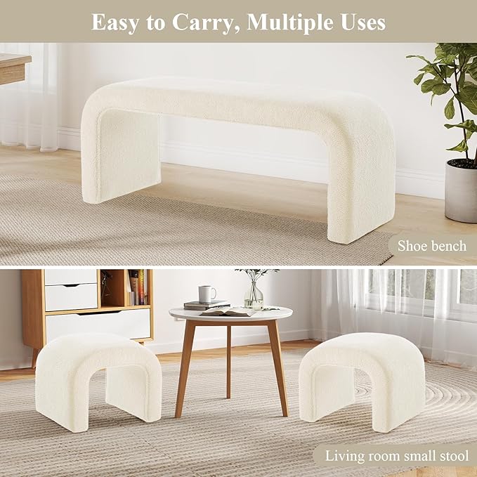 3-Piece Modern Ottoman Bench Set, 44" Wide Teddy Upholstered End of Bed Bench with 2 Foot Stools, Padded U-Shaped Entry Bench Vanity Stool for Living Room Bedroom (Cream)