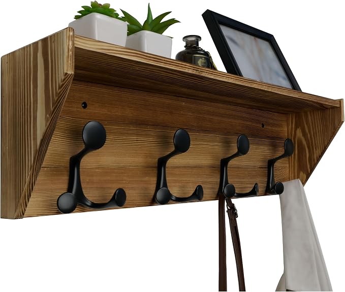 WEBI Wall Shelf with Hooks Underneath,24" Long Wall Mounted Coat Rack with Shelf,Entryway Coat Rack with 4 Triple Hooks for Hanging Coats,Jacket,Hallway,Bedroom,Mudroom,Brown